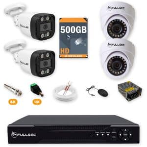Kit 4 Câmeras de Segurança 2 Bullet + 2 Dome HD 720p + DVR 4 Canais + HD 500GB + Cabo 100m Fullsec