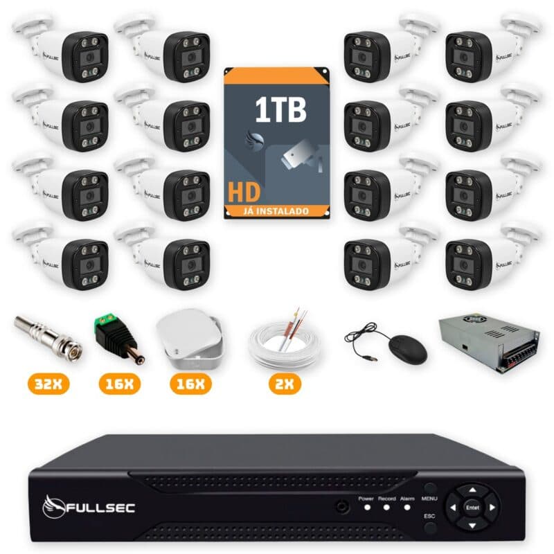 257 Kit 16 Câmeras de Segurança HD 720p + DVR 16 Canais + HD 1TB + Cabo 200m + Caixinhas Fullsec