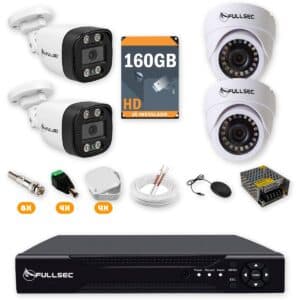 Kit 4 Câmeras de Segurança 2 Bullet + 2 Dome HD 720p + DVR 4 Canais + HD 160GB + Cabo 50m + Caixinhas Fullsec