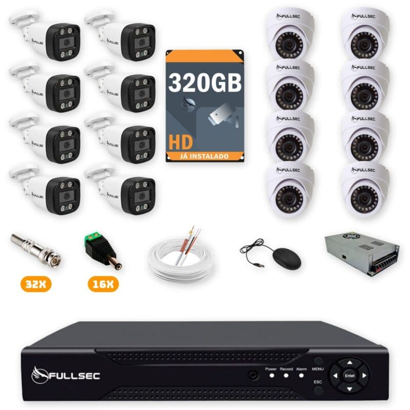 353 Kit 16 Câmeras de Segurança 8 Bullet + 8 Dome HD 720p + DVR 16 Canais + HD 320GB + Cabo 100m Fullsec