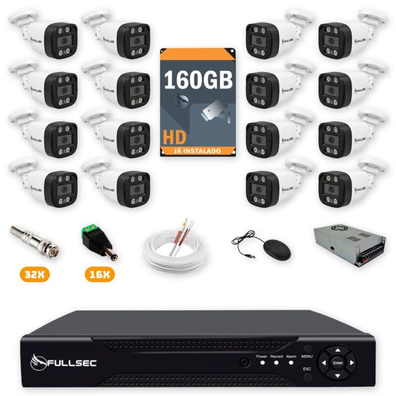 412 Kit 16 Câmeras de Segurança HD 720p + DVR 16 Canais + HD 160GB + Cabo 100m Fullsec