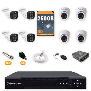 Kit 8 Câmeras de Segurança 4 Bullet + 4 Dome HD 720p + DVR 8 Canais + HD 250GB + Cabo 100m Fullsec